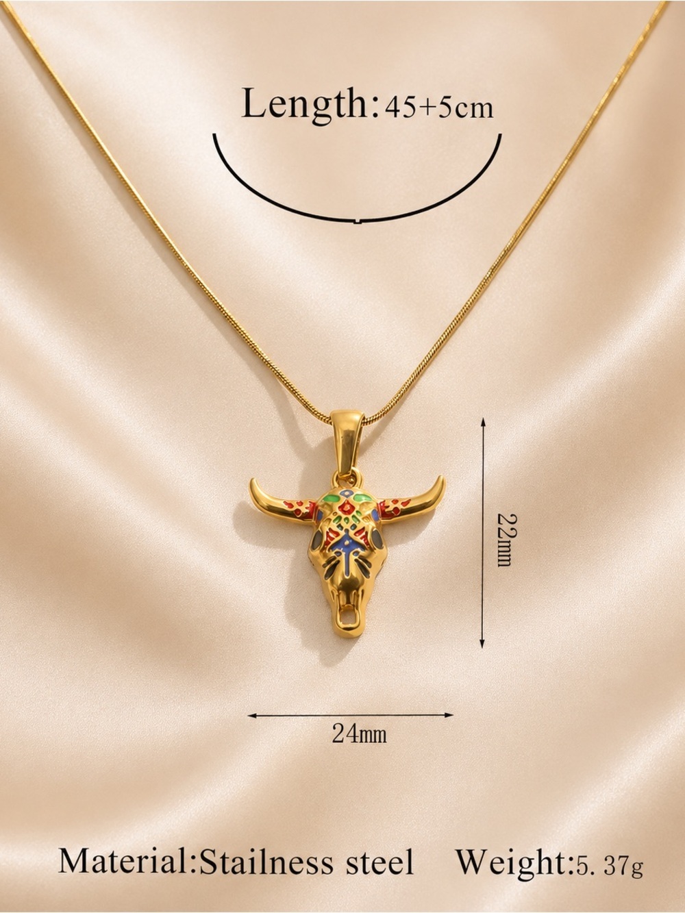 Gold Multicolor Bull Skull Pendant Necklace - Women Jewelry - Picture 5 of 8